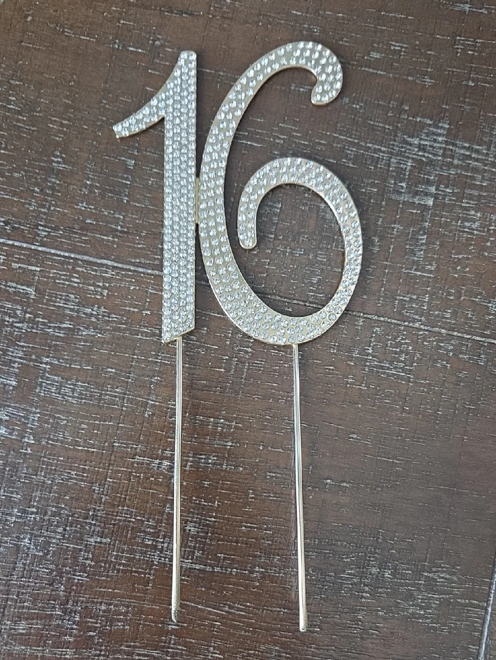 '16th' Birthday Cake Topper Decoration, Crystal Rhinestone Gold Color Metal, NWT